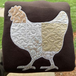 Embroidered Patch Quilted Chicken Sweater or Shirt Homesteader Country Girl Wear Custom Colors Country Hen Farm Style Design Fabric Chic