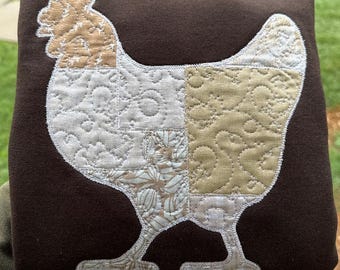 Embroidered Patch Quilted Chicken Sweater or Shirt Homesteader Country Girl Wear Custom Colors Country Hen Farm Style Design Fabric Chic