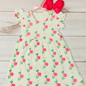 Milk Silk White Flutter Sleeve Dress w/ Pink Roses, Girls Toddlers, Birthday Girl, Mother&#39;s Day, Tea Party, Back to School, Fuchsia Peonies