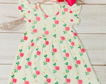 Milk Silk White Flutter Sleeve Dress w/ Pink Roses, Girls Toddlers, Birthday Girl, Mother's Day, Tea Party, Back to School, Fuchsia Peonies