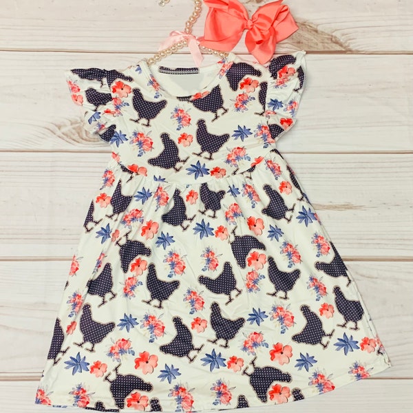 Milk Silk Polka Dot Chicken Silhouette Floral Flutter Sleeve Dress, Girls Toddler Chic Farm Life, Country Girls, Farm Girl *Ships in 24