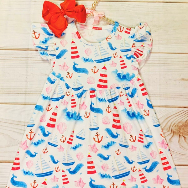 Milk Silk Lighthouse & Whale Watching Flutter Sleeve Dress, Girls Toddler Sailboat Anchors, Paperboats and Clams, Summer Beachside Dress