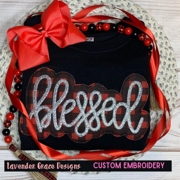 Embroidered Blessed Cursive Bean Stitch Mommy & Me Matching Sizes Sweaters, Holiday Double Applique Thanksgiving or Winter Theme Fabric