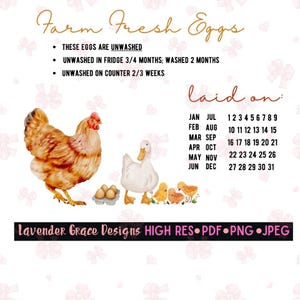 Farm Fresh Eggs Card for Unwashed Eggs Digital Download Png Jpeg Pdf, Farmer Cards for Chicken Eggs, Date Stamped, Printable Cards for Eggs