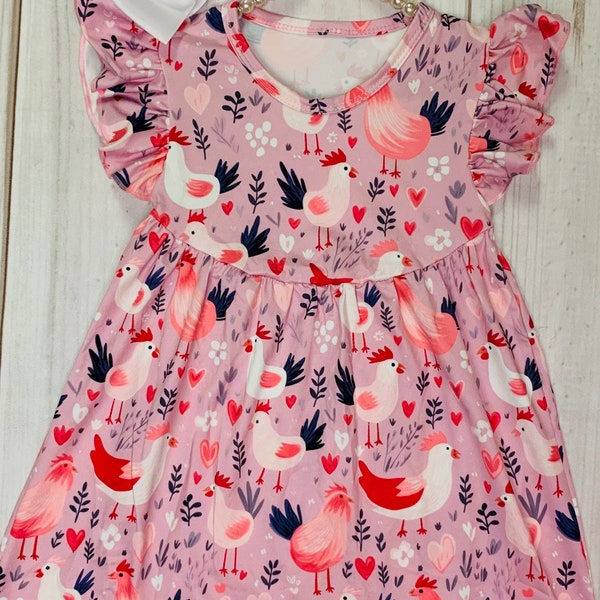 Milk Silk Pink Loving Chicken Flutter Sleeve Dress, Girls Toddler Floral Chicken and Hearts, Happy Hens Dress, Country Girls *Ships in2 4