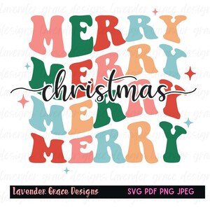 May include: A graphic design featuring the word MERRY repeated four times in a wavy, retro-style font with alternating colors of pink, dark green, red, light blue, and orange, with the word christmas in black script and small star icons.