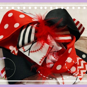 Black, Red & White Baseball Hairbow w/ Feathers Girls Toddler Little Sister, Pitcher, Ball Game, Catcher Baseball Girl Baseball Seam Pattern