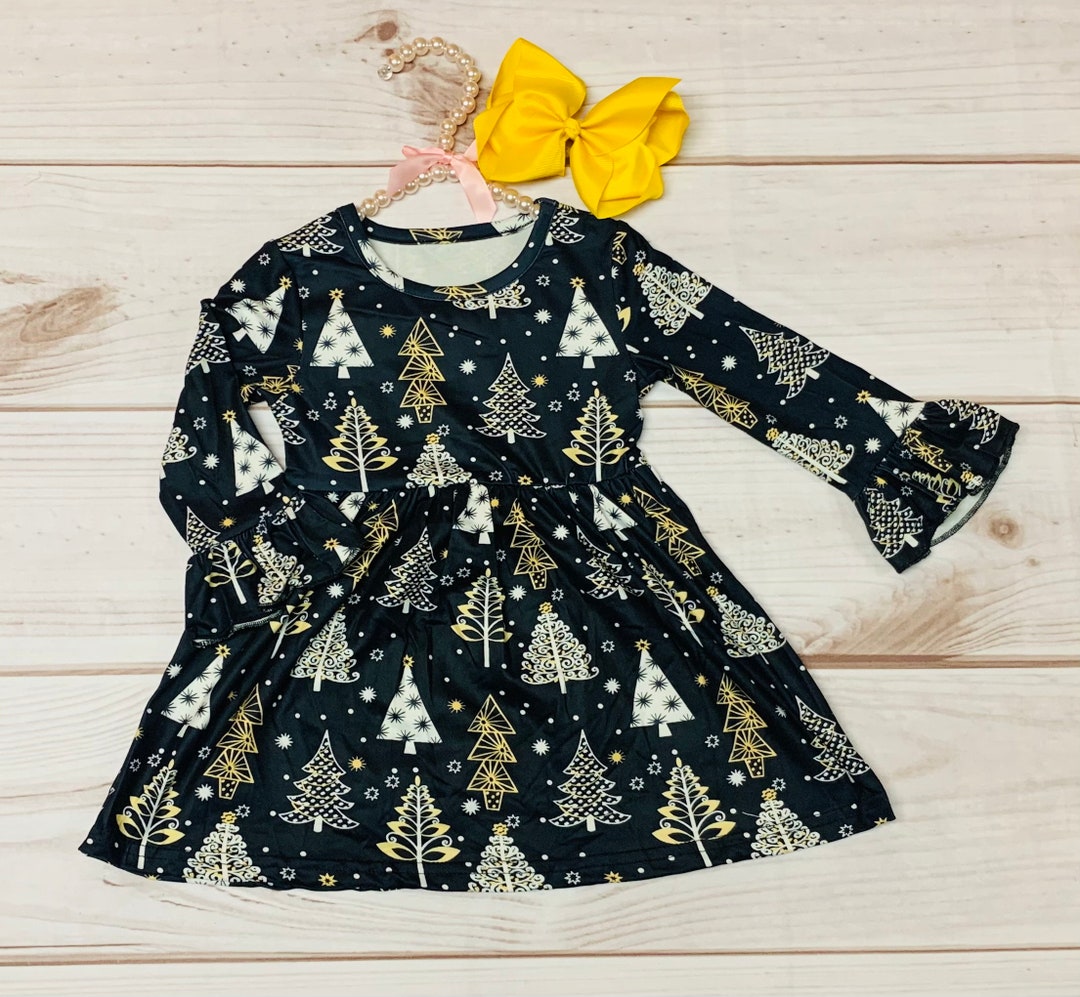 Milk Silk Christmas Night Black Twirl Dress, Girls Holiday Tree Gold Snowflakes, Santa Eve Ruffle, 12M, 2T, Ruffle Sleeves, Christmas Eve Milk Silk Christmas Night Black Twirl Dress, Girls Holiday Tree Gold Snowflakes, Santa Eve Ruffle, 12M, 2T, Ruffle Sleeves, Christmas Eve
