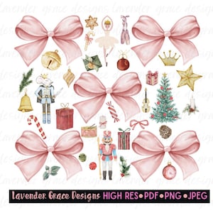 May include: A digital collection of watercolour Christmas illustrations featuring four large light pink bows, a nutcracker, a ballerina, a mouse soldier, a decorated pine tree, gift boxes, candy canes, ornaments, a gold crown, and a star.