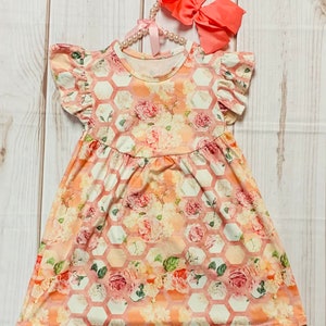 Milk Silk Honeycomb & Roses Flutter Sleeve Dress, Girls Toddler Peach Florals, Tea Party, Mother&#39;s Day, Birthday Party, Gift, Tea Party