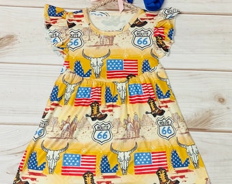 Milk Silk Wild West Cowgirls Flutter Sleeve Dress, Girls Toddler American Flag, Cowgirl Boots, Horses, Freedom, Route 66 *Ships in 24