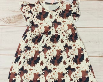 Milk Silk Cow Pattern Flutter Sleeve Dress, Girls Toddler Brown Cow Print, Farm Girl, Country Living, Western Cowgirl Print *Ships in 24