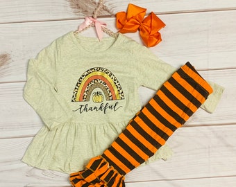 Thankful Thanksgiving Rainbow w/ Ruffled Bellbottom Pants, Turkey Outfit, Girls Toddlers Autumn Leopard Rainbow Orange Brown Striped Ruffles