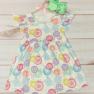 Milk Silk Pastel Donuts Flutter Sleeve Dress, Girls Toddler Donut&#39;s w/ Dad, Father&#39;s Day, Bakery Cupcakes, Icing, Sprinkles, Rainbow Donuts