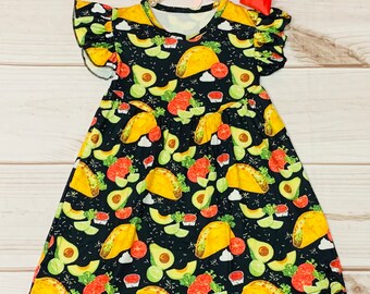 Milk Silk Let's Taco About It Flutter Sleeve Dress, Girls Toddler Crunchy Taco, Cinco de Mayo, Taco Tuesday Fiesta Party *Ships in 24 hours!