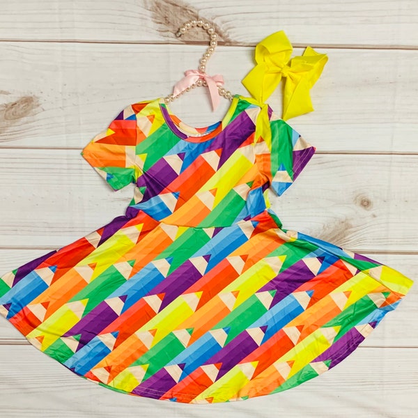 Milk Silk Rainbow Colored Pencil Twirl Dress, Girls Toddler Back to School, Crayons, Preschool *Ships in 24 hours! Comfortable and soft!