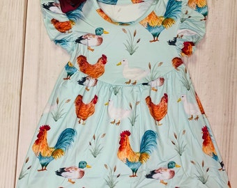 Milch Seide Enten & Hühner Kleid mit flatternden Ärmeln, Mädchen Kleinkind Vogel Begleiter, Sommerkleid, Hahn, Stockente, vom Bauernhof Mädchen Land * Schiffe in 24