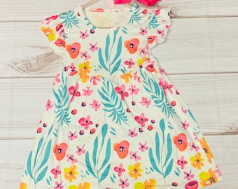Milk Silk Summer Yellow Lily Flutter Sleeve Dress, Girls Toddler Wildflowers, Florals, Flowers, Plumeria, Violets, Preschool, Rainbow Jungle