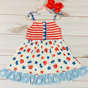 Milk Silk American Popsicle 4th of July Sleeveless Ruffle Dress, Girls Toddler Red White & Blue, Stars and Stripes Independence *Ships in 24