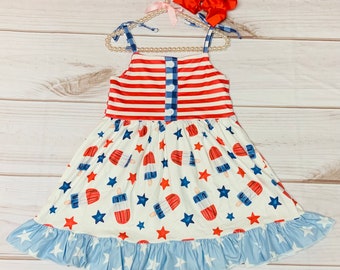 Milk Silk American Popsicle 4th of July Sleeveless Ruffle Dress, Girls Toddler Red White & Blue, Stars and Stripes Independence *Ships in 24