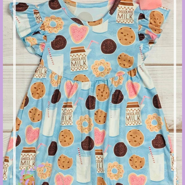 Milk Silk Milk and Cookies Girl Toddler Dress, Preschool Snack Time, Chocolate Milk, Chocolate Chip Cookie Apparel, End of the Year School