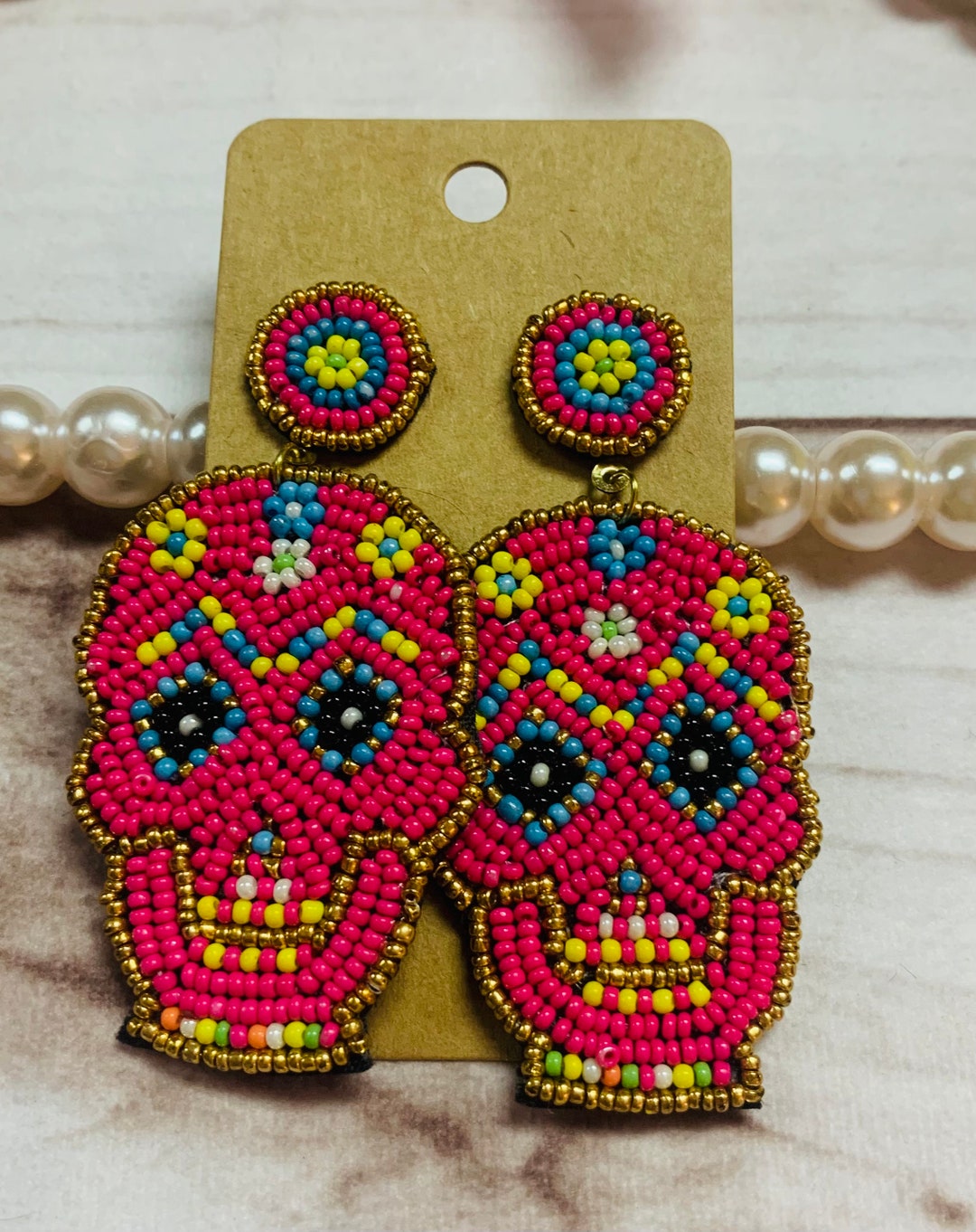 Hot Pink Day of the Dead Sugar Skull Beaded Earrings, Dia De Los ...