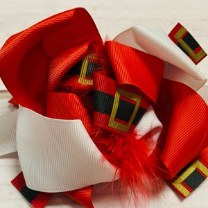 Red & White Santa Belt Bow w/ Feathers, Christmas Santa, Elves, Winter Holiday, Girls Toddler, Stocking  Gift Present, Santa Belt Buckle