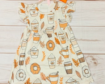 Milk Silk Donuts and Coffee Flutter Sleeve Dress, Girls Toddler Fall Leaves, Whipped Cream, Hot Cocoa, Autumn Dress, Sprinkles *Ships in 24