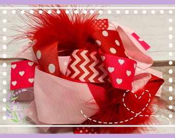 Red & Pink Valentine Heart Hair Bow w/ Feathers, Pink Polka Dot, February 14th, Girls Toddler, Party, Dance, Hair Bow **Ships in 24 hours