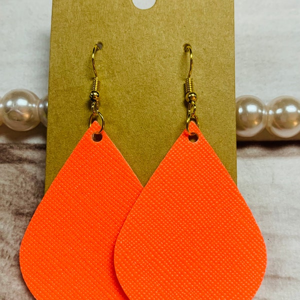 Neon Orange Vinyl Teardrop Earrings, 80s Inspired Hot Orange, Stocking Stuffer, Mother's Day, Hot Mama, Brunch Earrings  ** Ships in 24