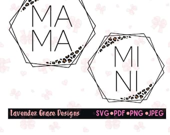 Mama & Mini Leopard Hexagon 2 Digital Download PDF PNG JPEG Svg, Forma Geométrica, Design de Gola Redonda no Peito, Combinando Mamãe e Eu. Leopardos