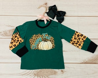 Fall Teal & Leopard Print Long Sleeve Girls, Toddlers Shirt, Happy Fall Pumpkins, Autumn, Halloween, Pumpkin Patch Shirt *Ships in 24 hours!