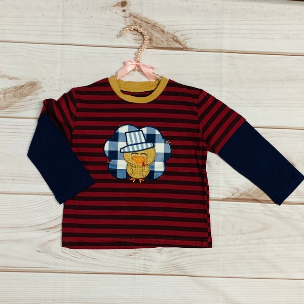 Red Striped Unisex Thanksgiving Turkey Applique Raglan Shirt, Gingham Plaid Boys Toddler Shirt, Pilgrim Turkey, Autumn*Ships in 24 hours!