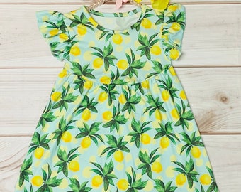 Milk Silk Citrus Fruit Slices Summer Flutter Sleeve Dress