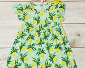 Robe à manches flottantes en soie lait, citron doux, filles tout-petits jaune agrumes, doux d'été, fille d'anniversaire, citronnier, citron vert orange * expédié en 24