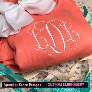 Embroidered Monogrammed or Name Ruffle Dress, Back to School Initials Embroidery, Birthday Apparel, Fancy Vine Font Personalized Dress Girls