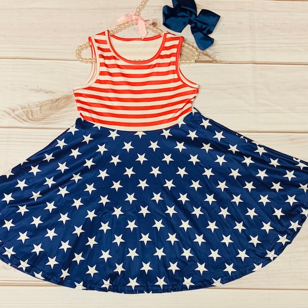 Milk Silk Stars & Striped Sleeveless Twirl Dress, Girls Toddler 4th of July, Celebrate Independence, America Twirl Dress *Ships in 24