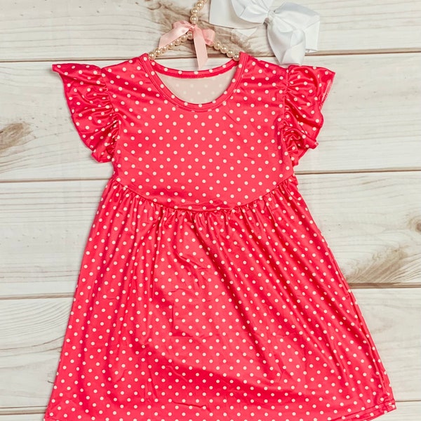 Milk Silk Pink Polka Dot Flutter Sleeve Dress, Girls Toddler Back to School, Everyday Dress, Birthday Girl, Gift Present, Dots *Ships in 24