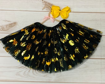 Gold Halloween Tutu, Girls Toddler Trick or Treat Jack O lantern, Bats, Dress Up, Halloween Recital, Spider Webs, Spooky *Ships in 24