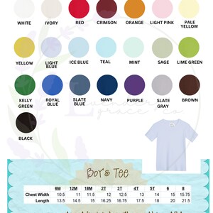 May include: A light blue short-sleeved boy's tee shirt. The image displays a color chart with various options, including white, red, and yellow. Measurements are in inches, with chest width from 10.5 to 15.75 inches and length from 13.5 to 21.5 inches.