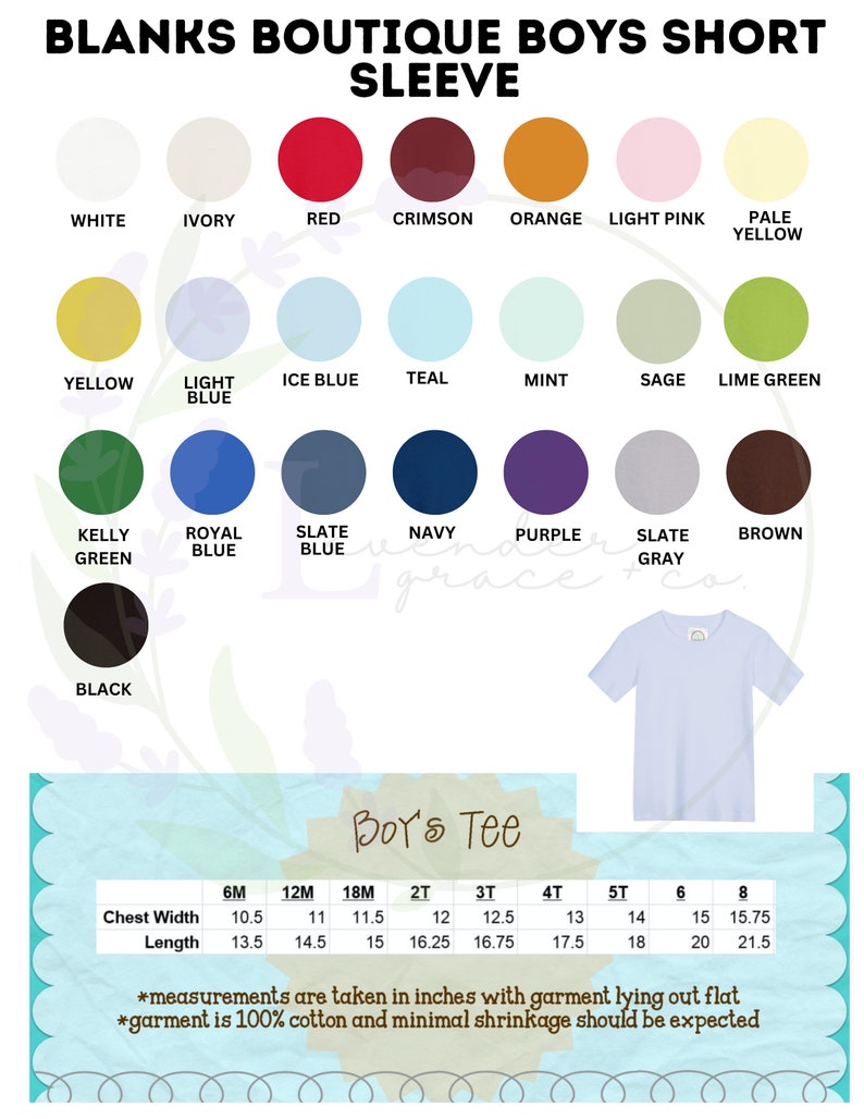 May include: A light blue short-sleeved boy's tee shirt. The image displays a color chart with various options, including white, red, and yellow. Measurements are in inches, with chest width from 10.5 to 15.75 inches and length from 13.5 to 21.5 inches.