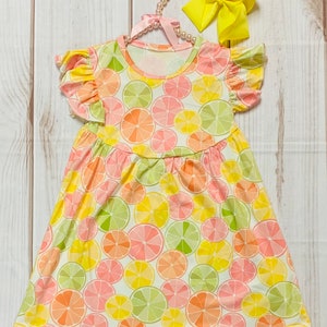 Milk Silk Citrus Fruit Slices Summer Flutter Sleeve Dress, Girls Toddler Oranges, Limes, Lemons, Grapefruits, Zesty, Colorful, Rainbow Slice