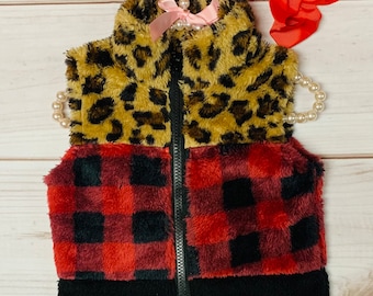 Plaid Leopard Winter Fleece Vest for Kids, Boys Girls Unisex Faux Fur, Christmas Holiday Winter  **Ships in 24 hours