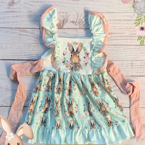 Milk Silk Pastel Blue & Pink Easter Rabbit Flutter Sleeve Dress, Cottontail, Brown Bunny, Easter Sunday, Egg Hunt, Girls *Ships in 24 hours!