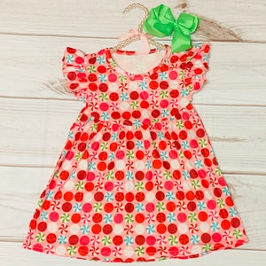 Milk Silk Christmas Peppermint Swirls Flutter Sleeve Dress, Girls Toddler Pink Holiday Candies, Winter Treats & Sweets, Candy , Bright Red