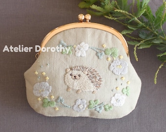 Animal Embroidery Kit, by Chicchi (Pre-printed Pattern): Hedgehog and Oxalis Frame Purse