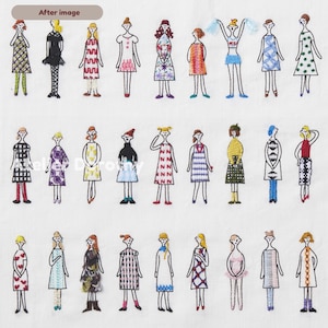 May include: Embroidered artwork featuring 24 stylized figures of women in various dresses. The figures are depicted with simple lines and filled with colorful patterns and textures. The artwork is on a white background.