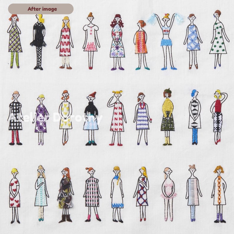 May include: Embroidered artwork featuring 24 stylized figures of women in various dresses. The figures are depicted with simple lines and filled with colorful patterns and textures. The artwork is on a white background.