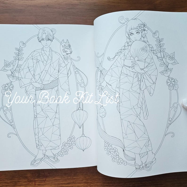 Pode incluir: P&aacute;ginas duplas de um livro de colorir com ilustra&ccedil;&otilde;es em linha de duas figuras em trajes japoneses. Uma figura segura uma m&aacute;scara de raposa, a outra um leque. O texto "Your Book Kit List" &eacute; vis&iacute;vel.