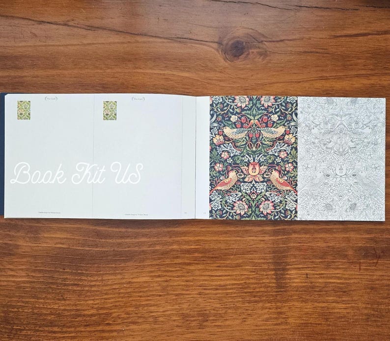 May include: An open book kit with the text "Book Kit Us" in cursive. The book's pages display a variety of patterns, including floral designs with birds and intricate, repeating patterns in shades of green, red, and white.